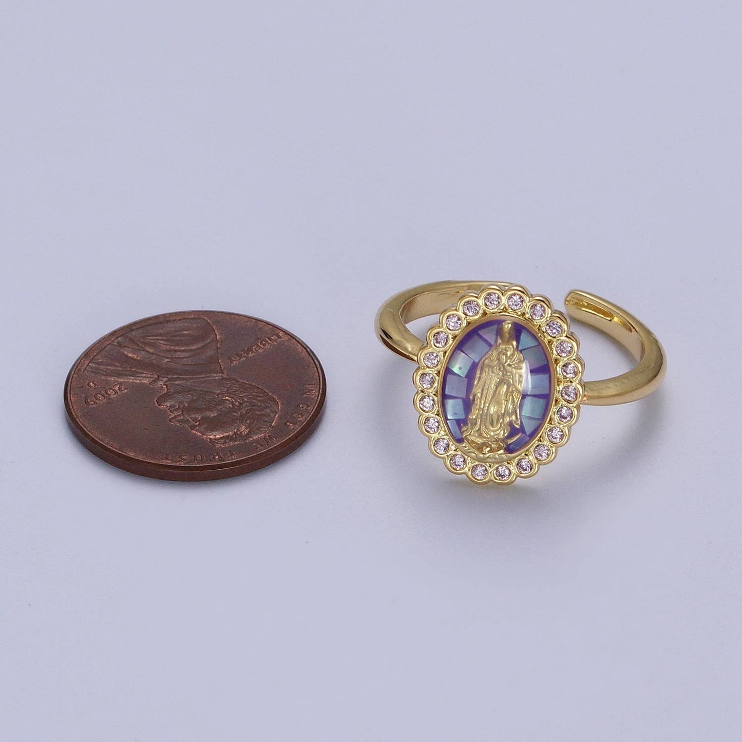 Oval Purple CZ Stone Mother Mary Religious Adjustable Ring