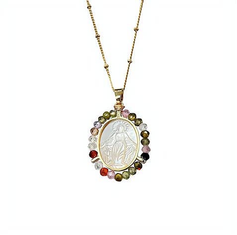 Gold-Plated Our Lady of Grace Mother of Pearl & Multicolor Zircon Necklace 18-inch
