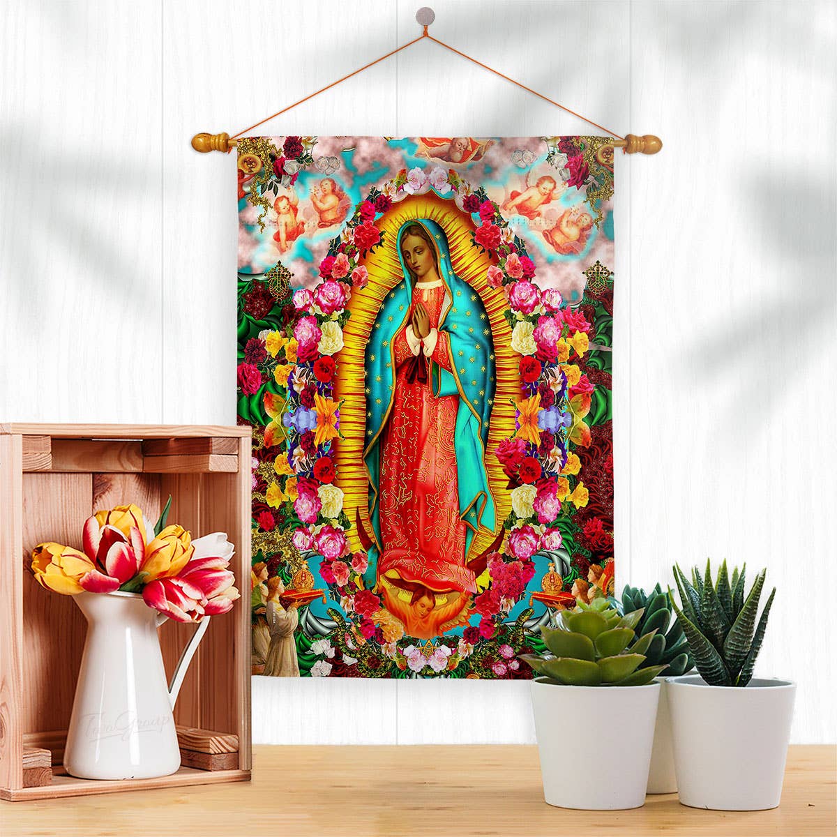Our Lady of Guadalupe Religious Faith Floral Decor Flag