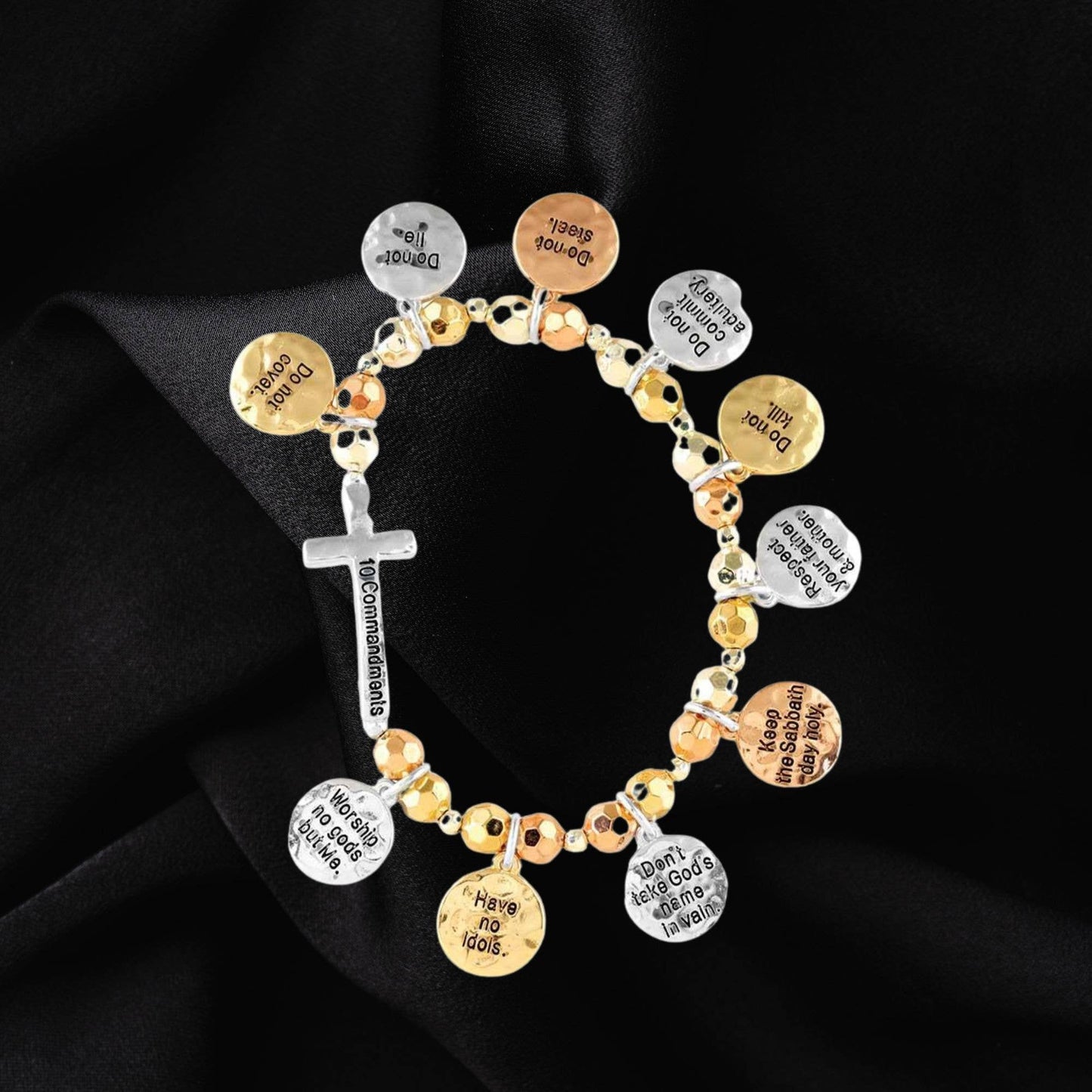 STRETCH BRACELET  10 COMMANDMENTS SIDEWAY CROSS 3 TONE