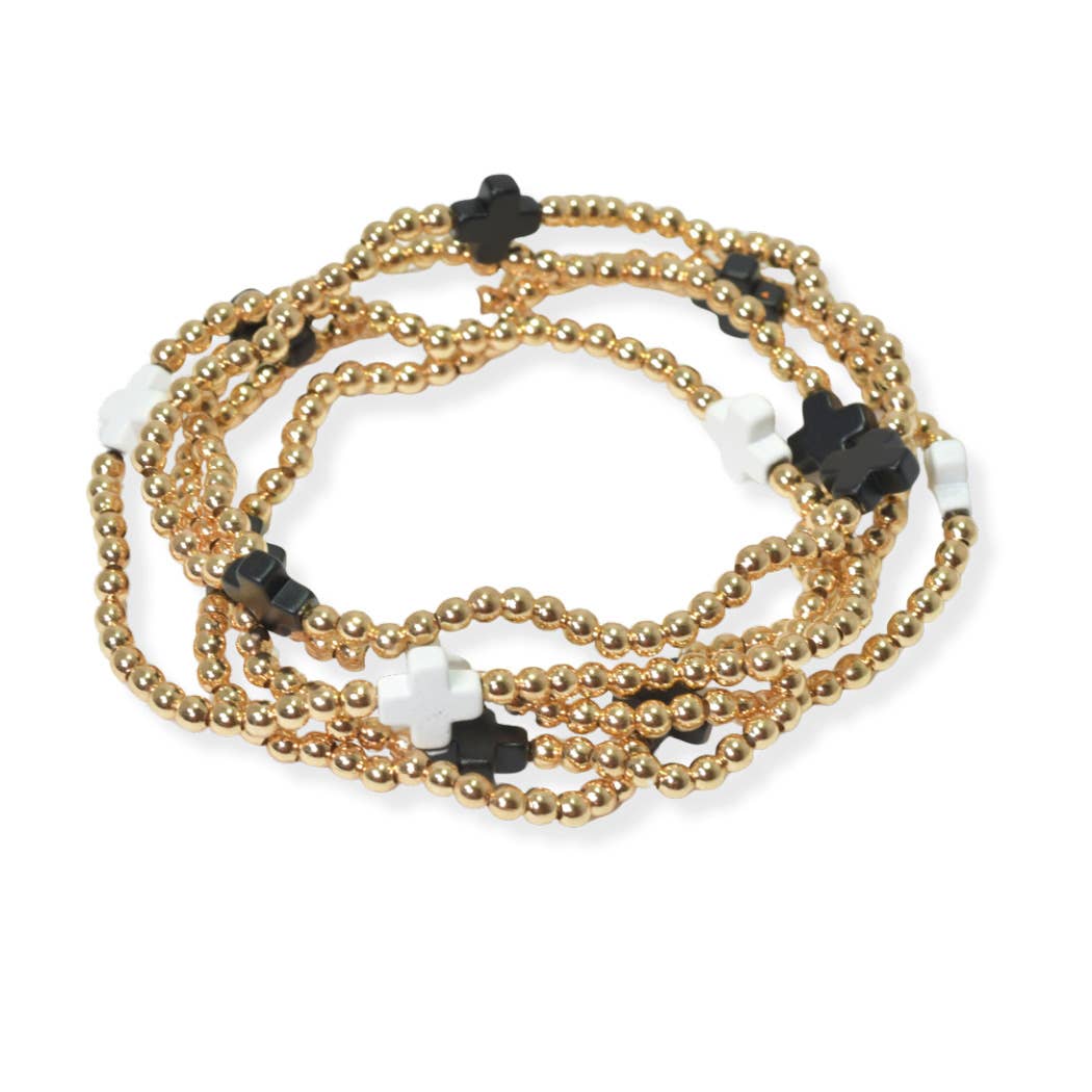 Multi layered gold bead stretch bracelet with cross accent n