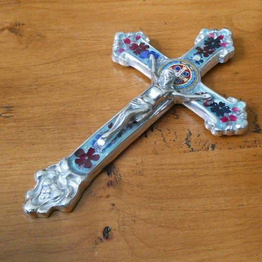 Baroque Wall Small Crucifix w/ Pressed Flowers & St. Benedict Medal 7.5"