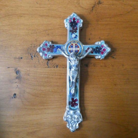Baroque Wall Small Crucifix w/ Pressed Flowers & St. Benedict Medal 7.5"