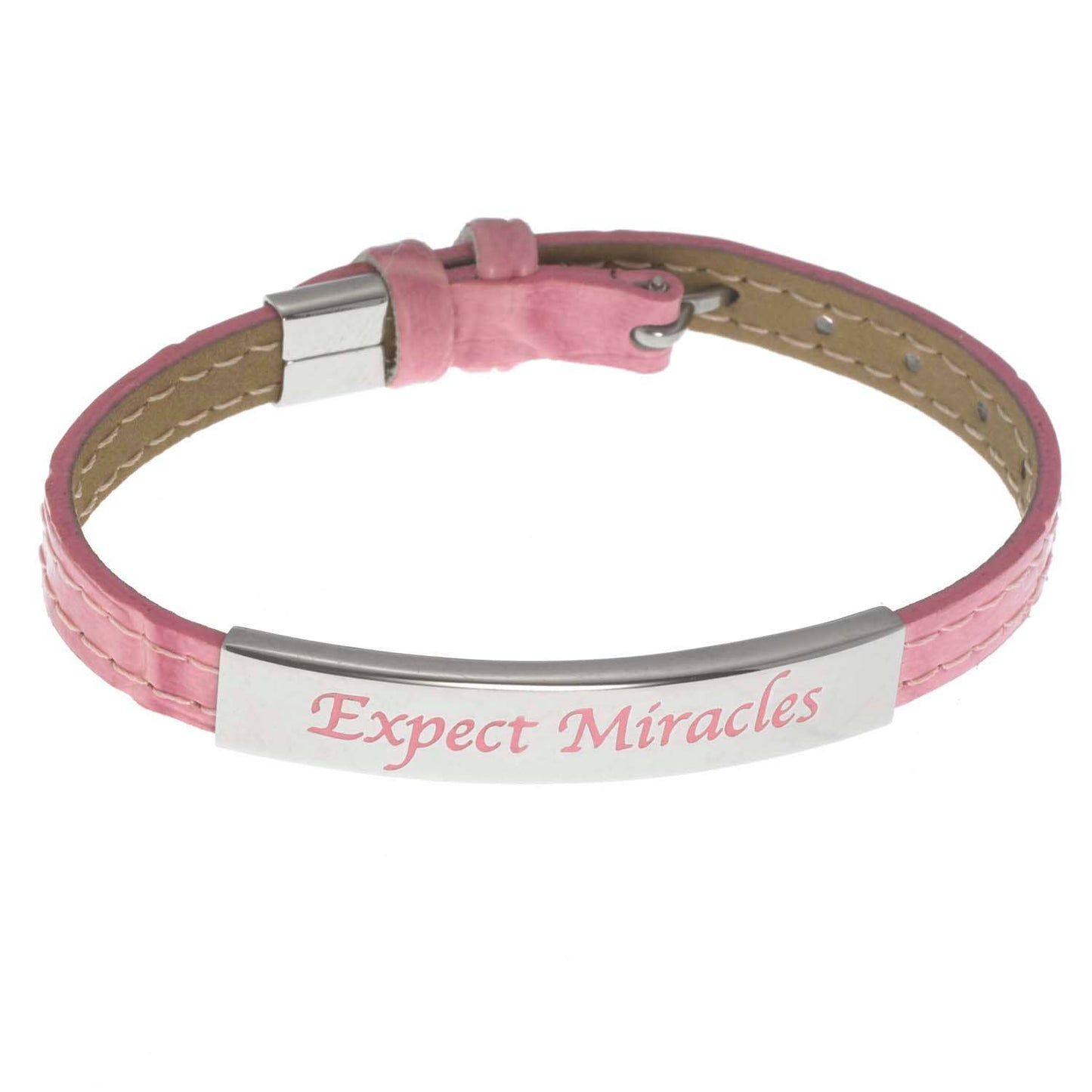 Pink Leather Strap Bracelet With "Expect Miracles" Plaque