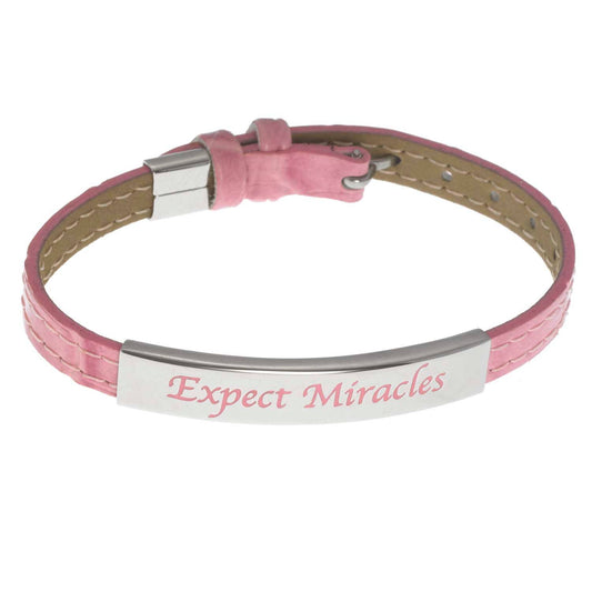 Pink Leather Strap Bracelet With "Expect Miracles" Plaque
