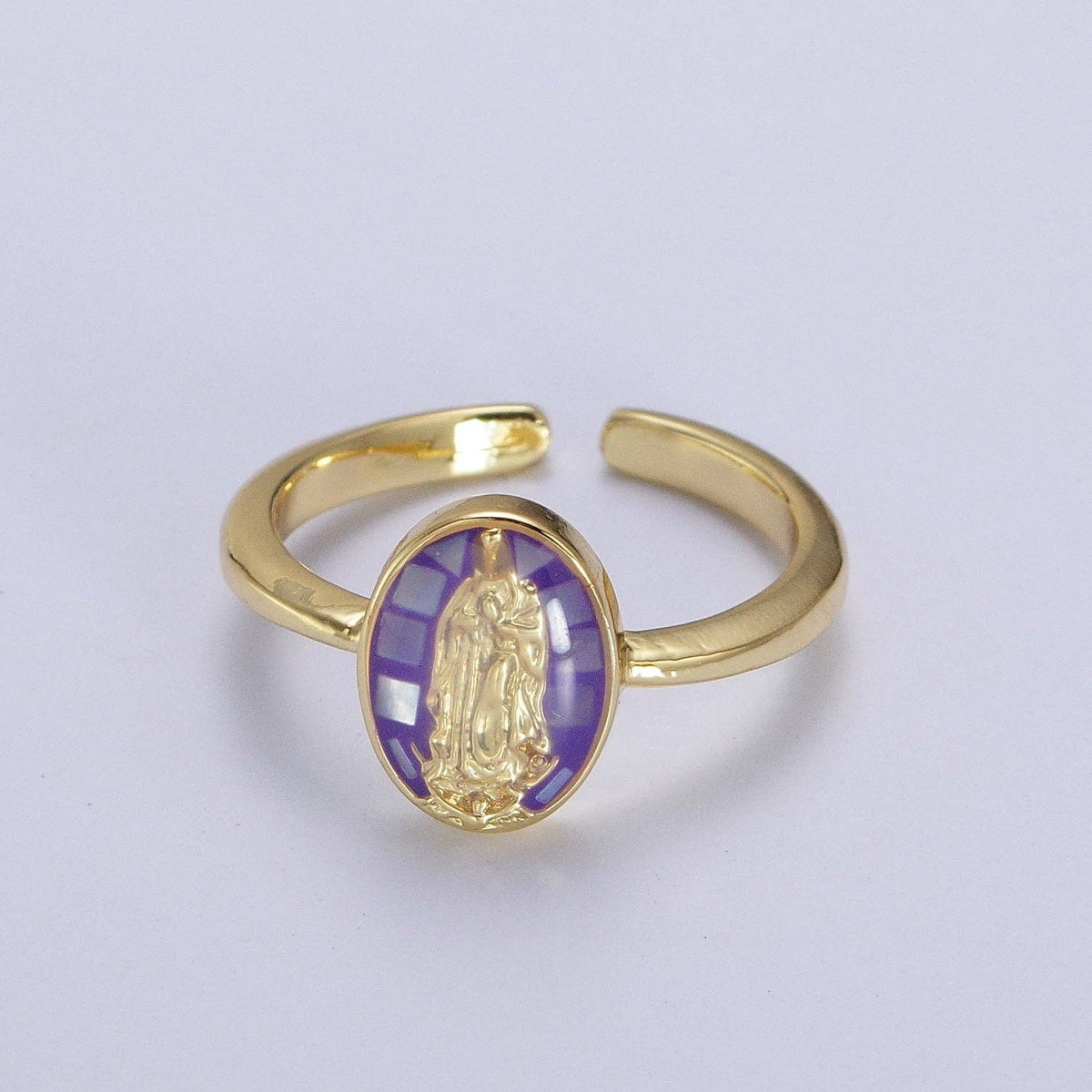 Gold Filled Oval Virgin Mother Mary Shell Opal Ring