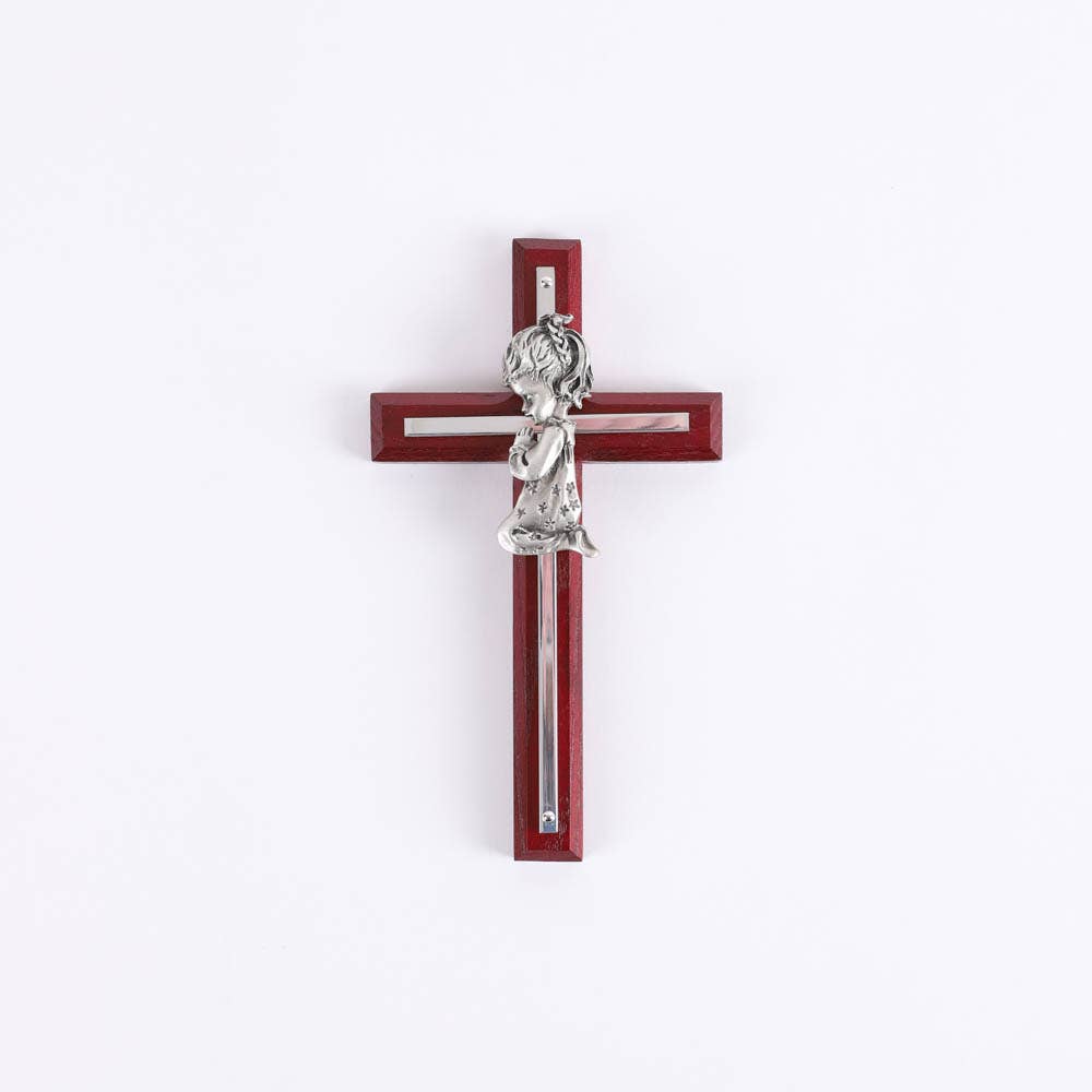 Wall Cross - Cherry Wood with Stainless Steel - Praying Girl
