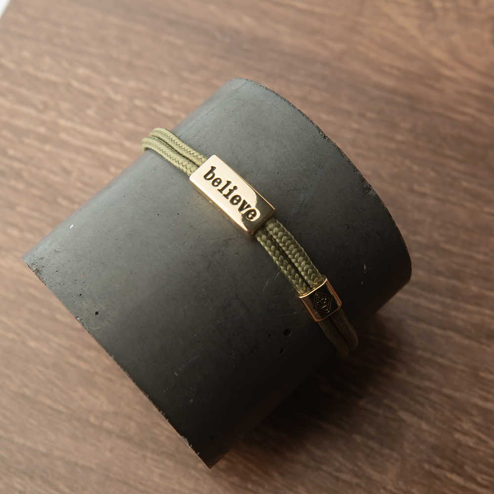 Sentiment Bracelet – Believe | Olive Green Cord