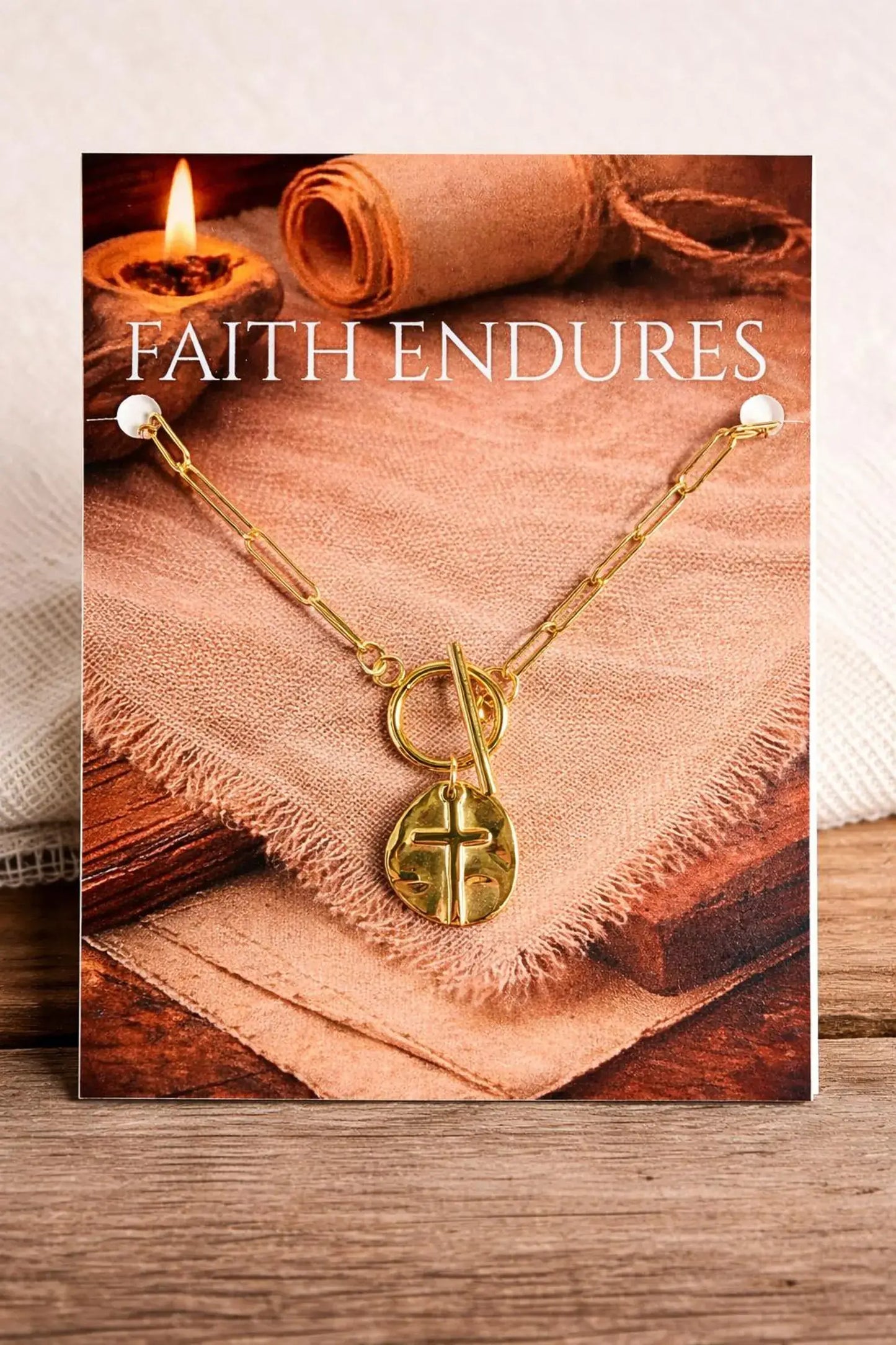 Faith Endures Cross Necklace – Gold Paperclip Chain 18"