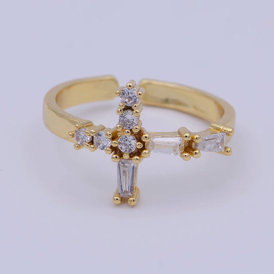 Gold Filled Christian Cross Adjustable Ring with Crystal Zirconia