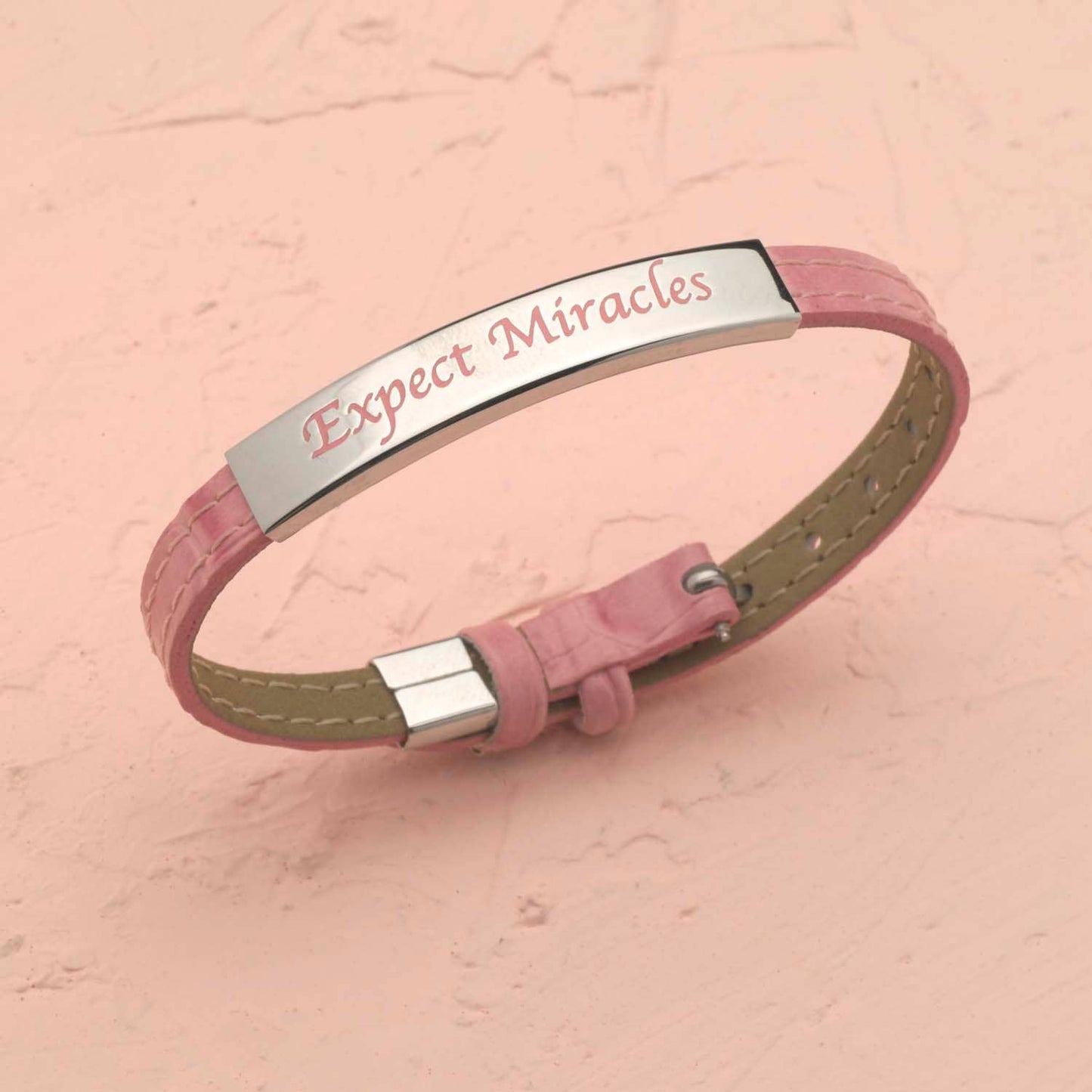 Pink Leather Strap Bracelet With "Expect Miracles" Plaque