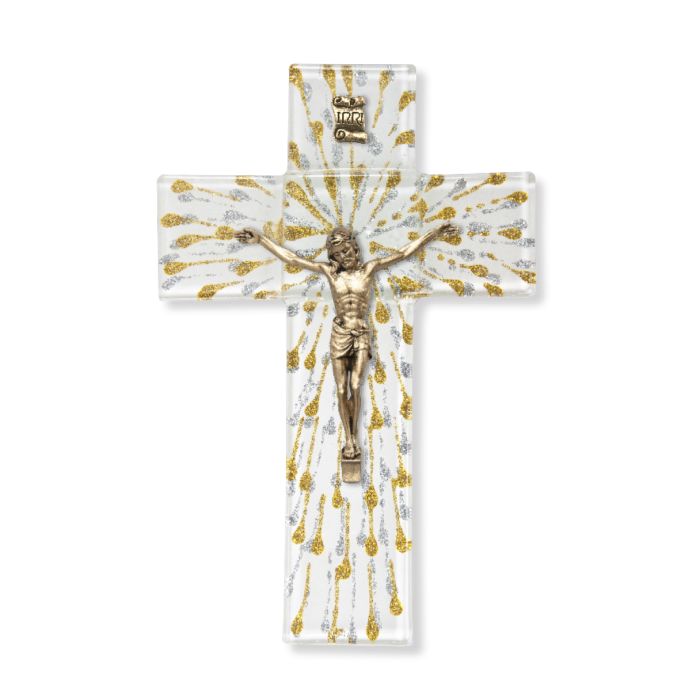 7" Gold and Silver on White Glass Crucifix