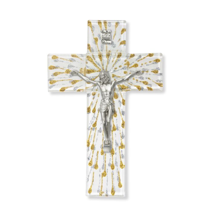 7" Gold and Silver on White Glass Crucifix