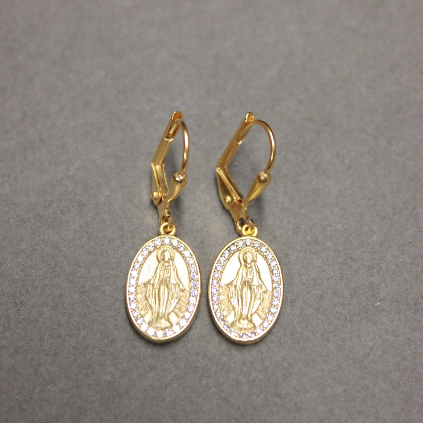 ER Rhinestone Mary Gold-Plated Lever Back Dangle Earrings