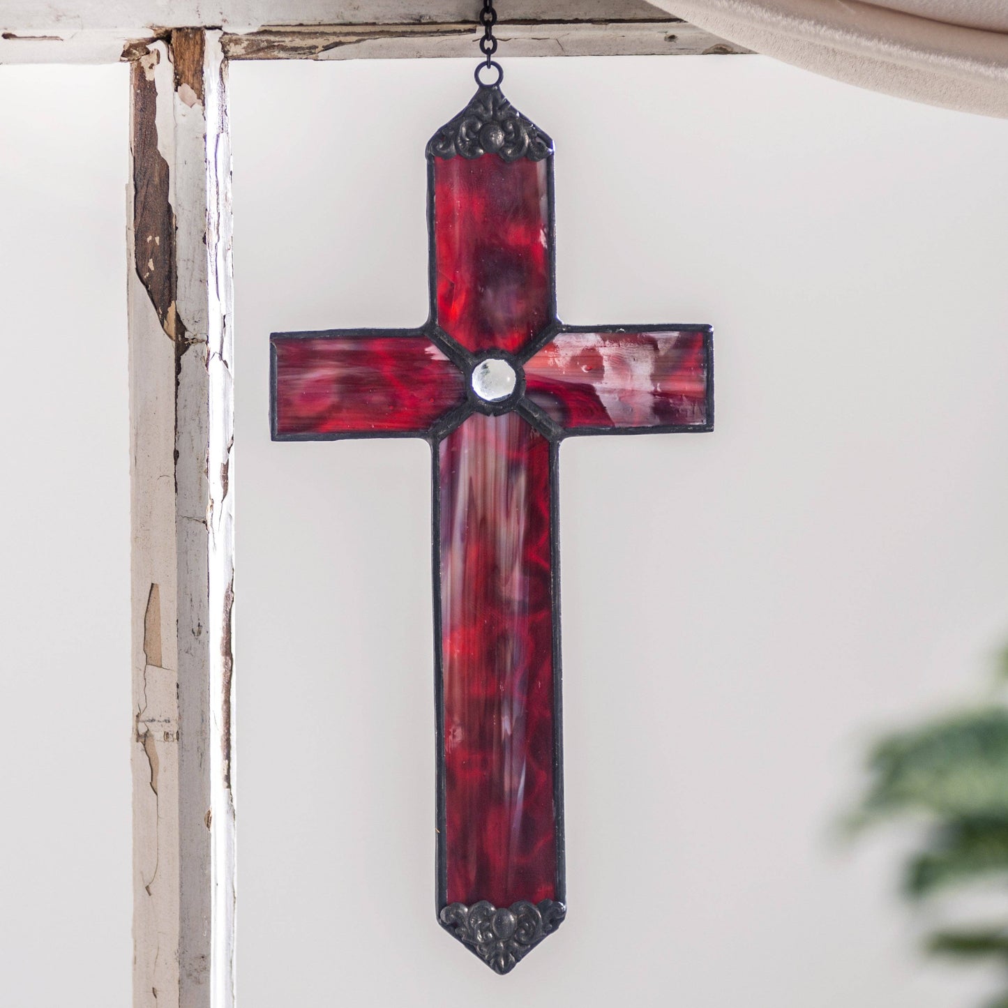 J Devlin Red Opal Stained Glass Cross Ornament | ORN 309