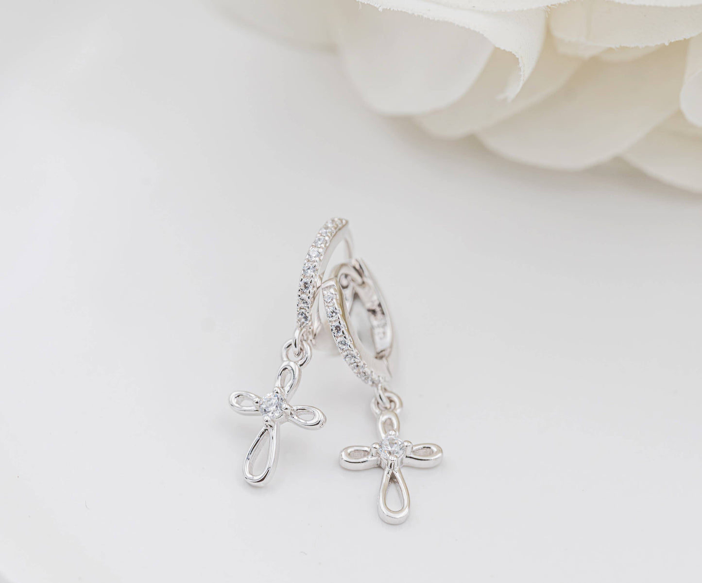 Sterling Silver Huggie with Cross Earrings for Kids, Girls