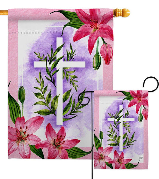 Lilies Cross Religious Faith Floral Decor Flag