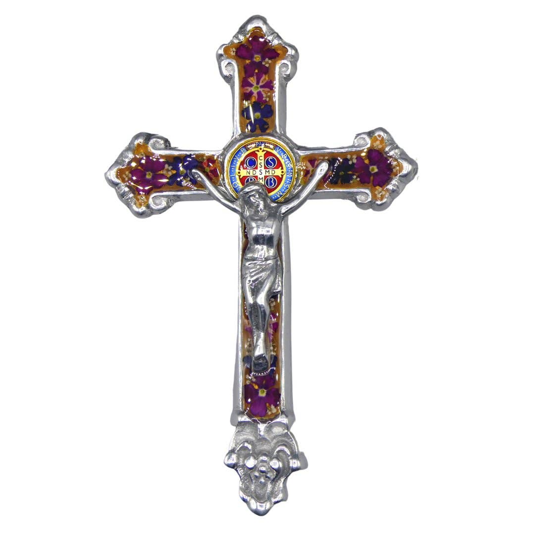 Baroque Wall Small Crucifix w/ Pressed Flowers & St. Benedict Medal 7.5"