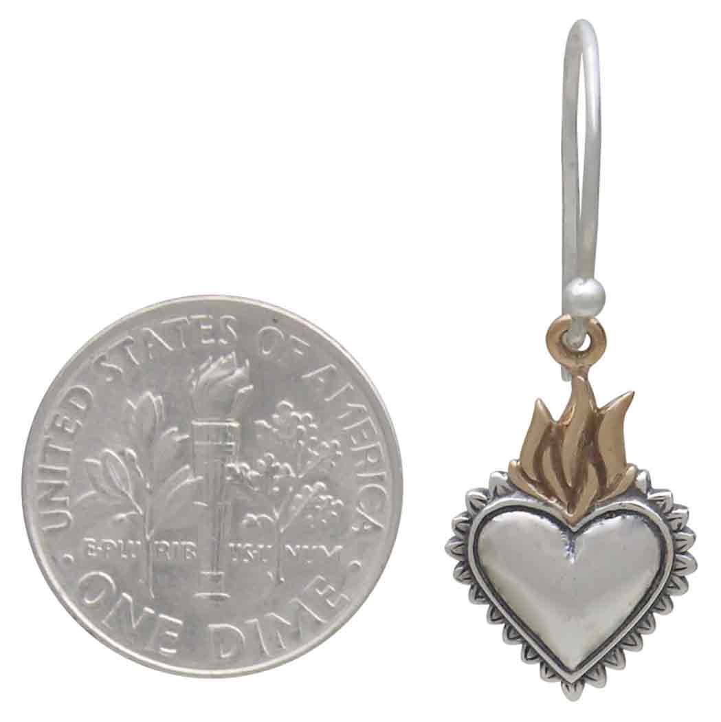 Mixed Metal Heart with Bronze Flame Dangle Earrings 32x12mm