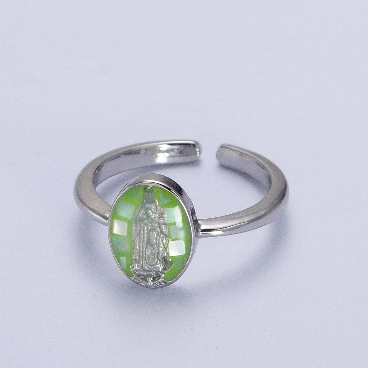 Gold Filled Oval Virgin Mother Mary Shell Opal Ring