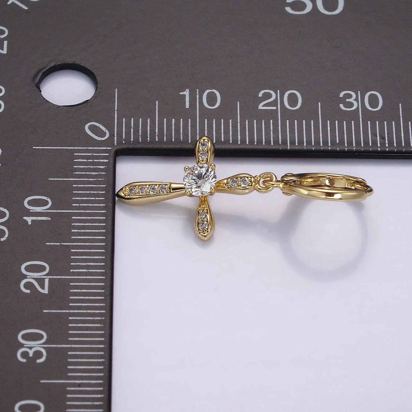 14K Gold Filled Micro Paved CZ Religious Cross Drop Huggie Earrings | AE935