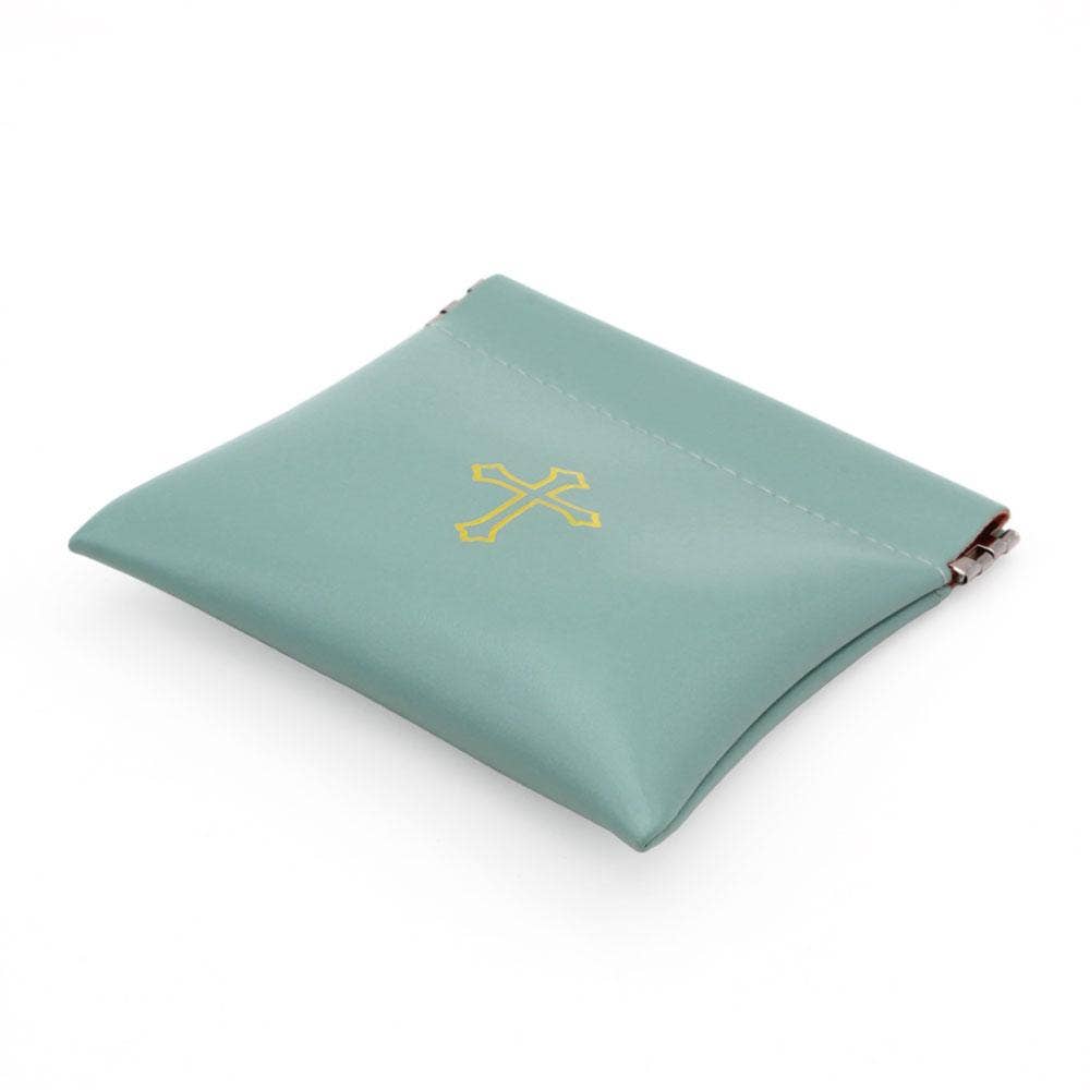 Squeeze Top Rosary Pouch Green Faux Leather w/Cross Imprint