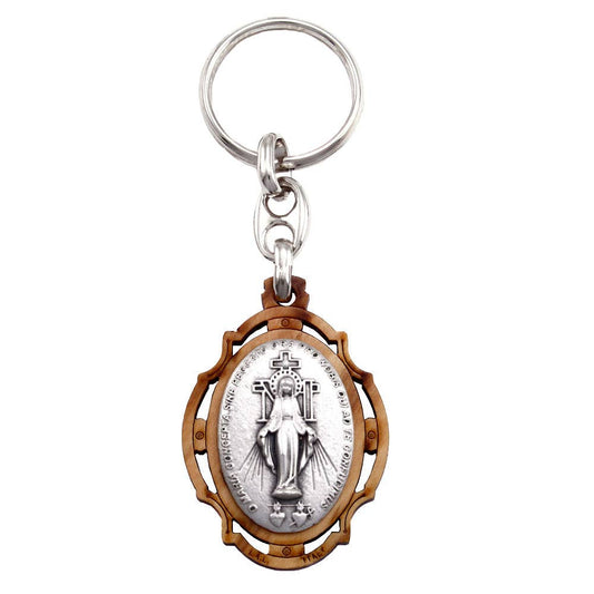 Miraculous Medal Keychain Olive Wood with Silver Plated