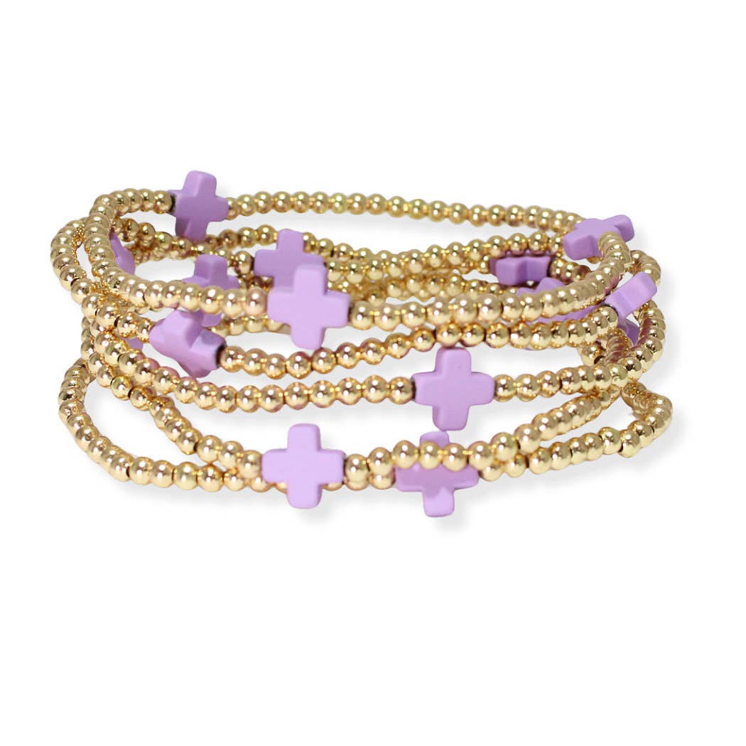 Multi layered gold bead stretch bracelet with cross accent n