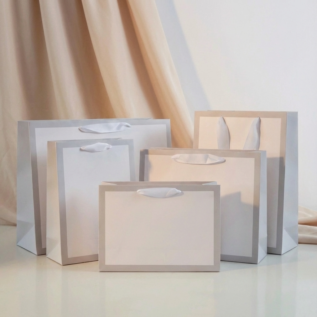 Soft Gray Border Gusset White Gift Bag w/ tissue
