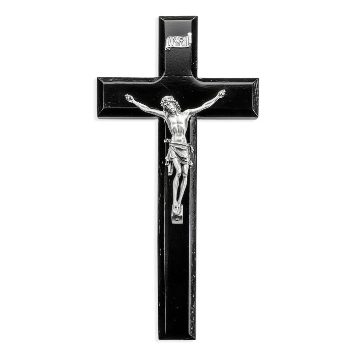 10" Black Wood Cross with a Genuine Pewter Corpus