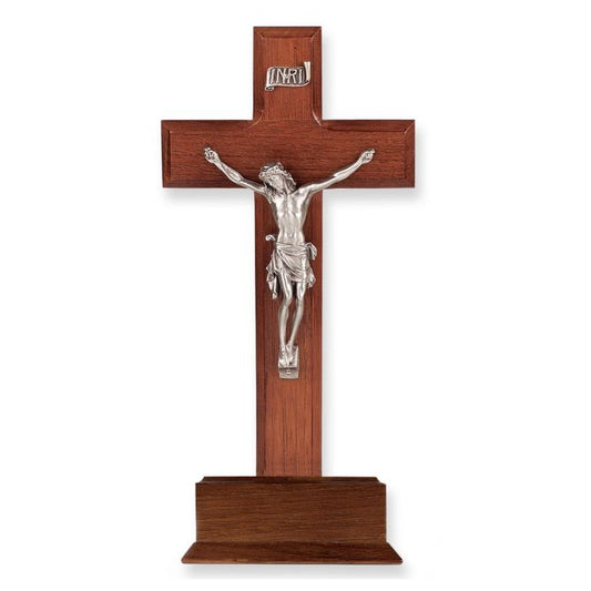 10" Walnut Wood Standing Cross on a Base with a Fine Pewter Corpus
