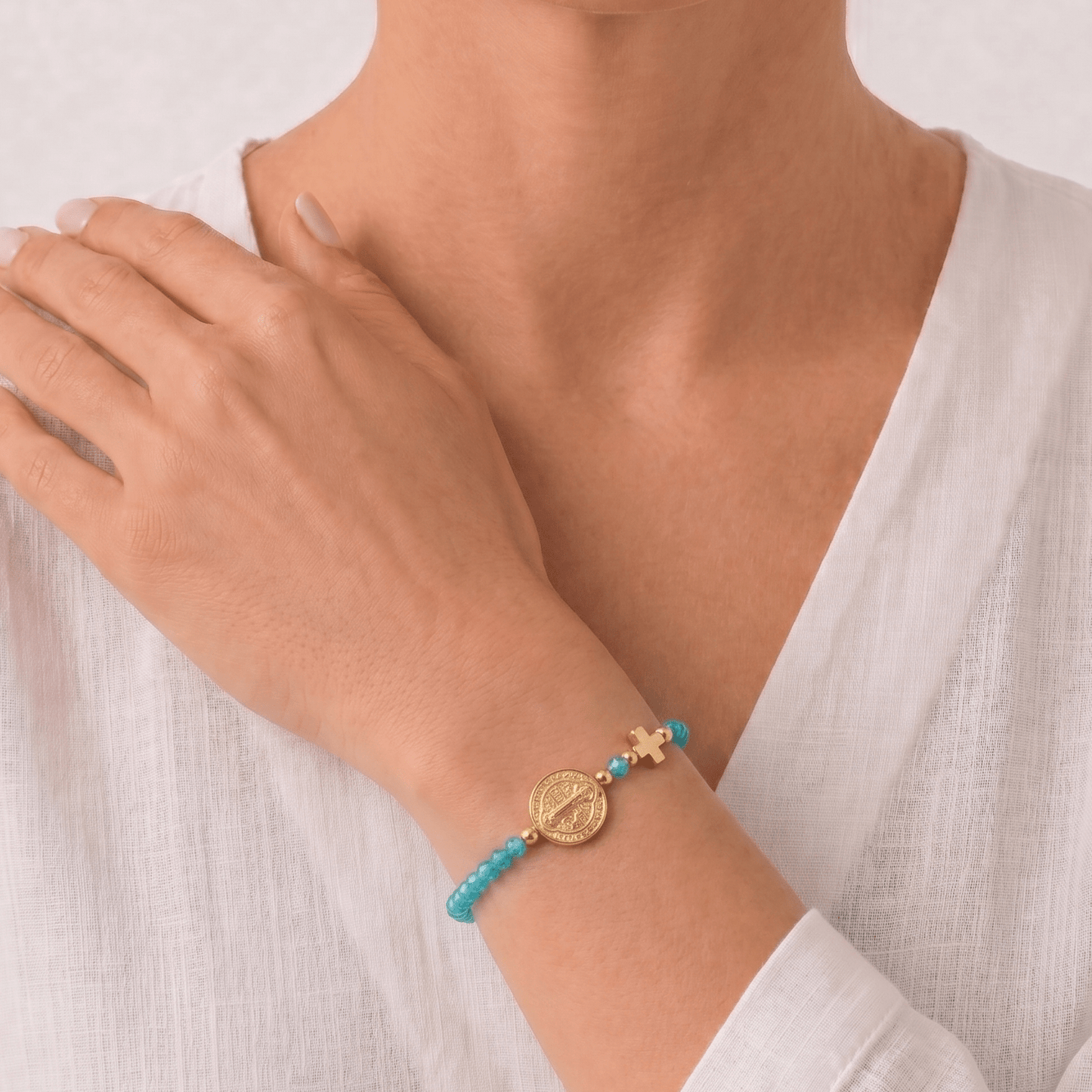 Saint Benedict Turquoise Stretch Bracelet | Gold Cross