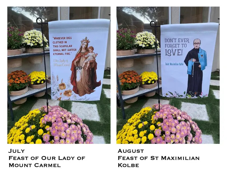 Catholic Garden flags. Marian garden. Sacred heart flag.