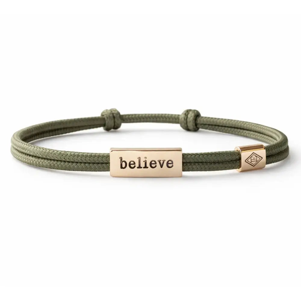 Sentiment Bracelet – Believe | Olive Green Cord