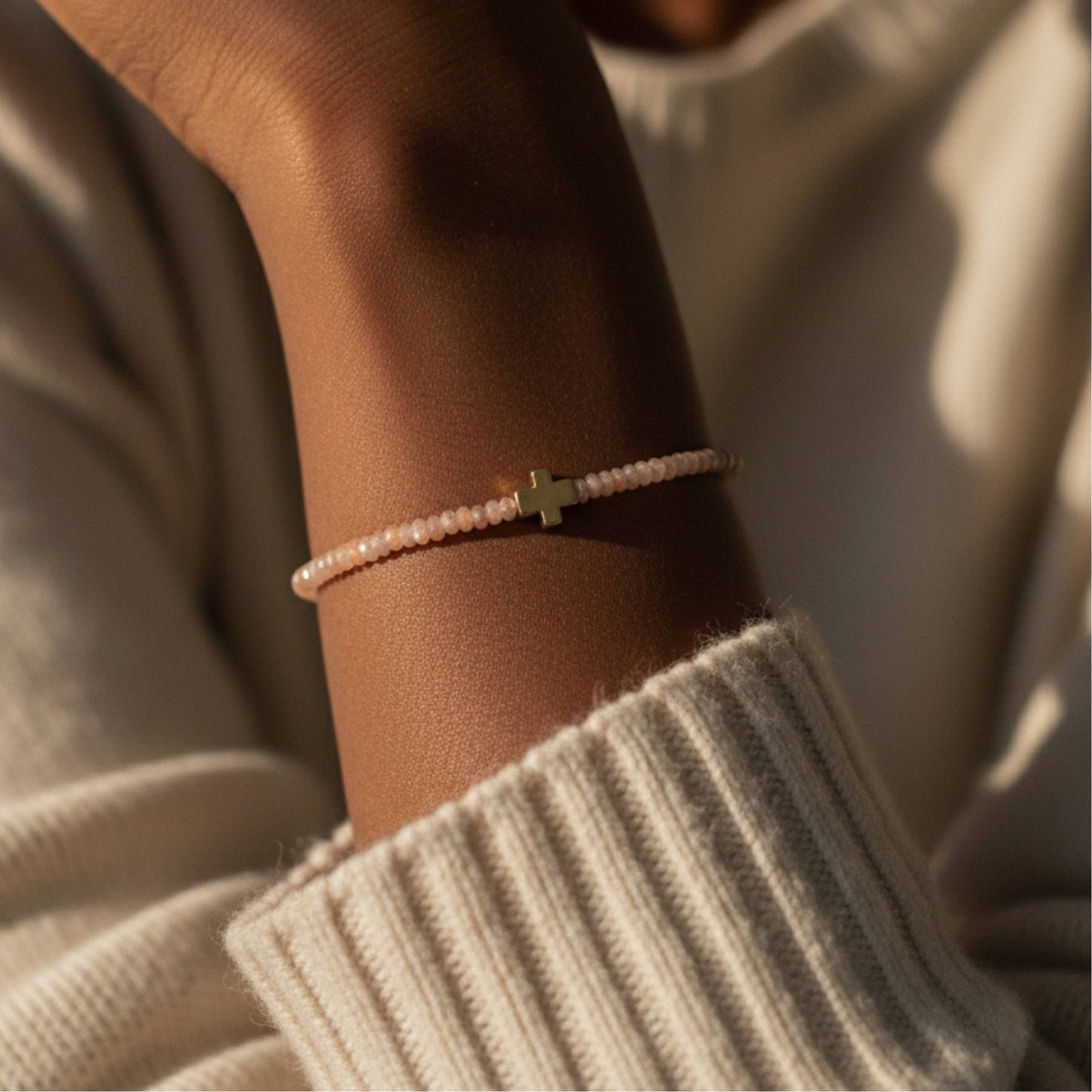 Faith Over Fear 3mm Faceted Sunstone Cross Bracelet