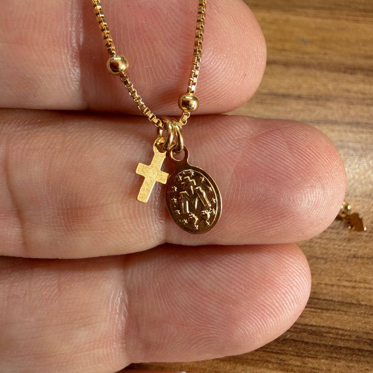 Gold-Filled Miraculous Medal and Cross Necklace 17.5"