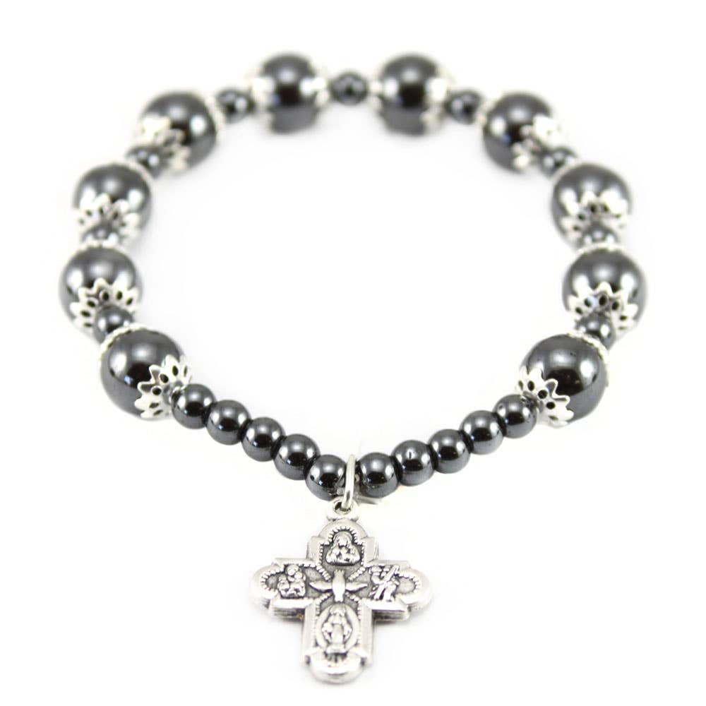 Rosary Bracelet Ealstic Hematite Capped Beads Four Way Cross