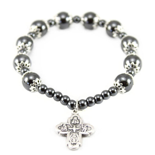 Rosary Bracelet Ealstic Hematite Capped Beads Four Way Cross