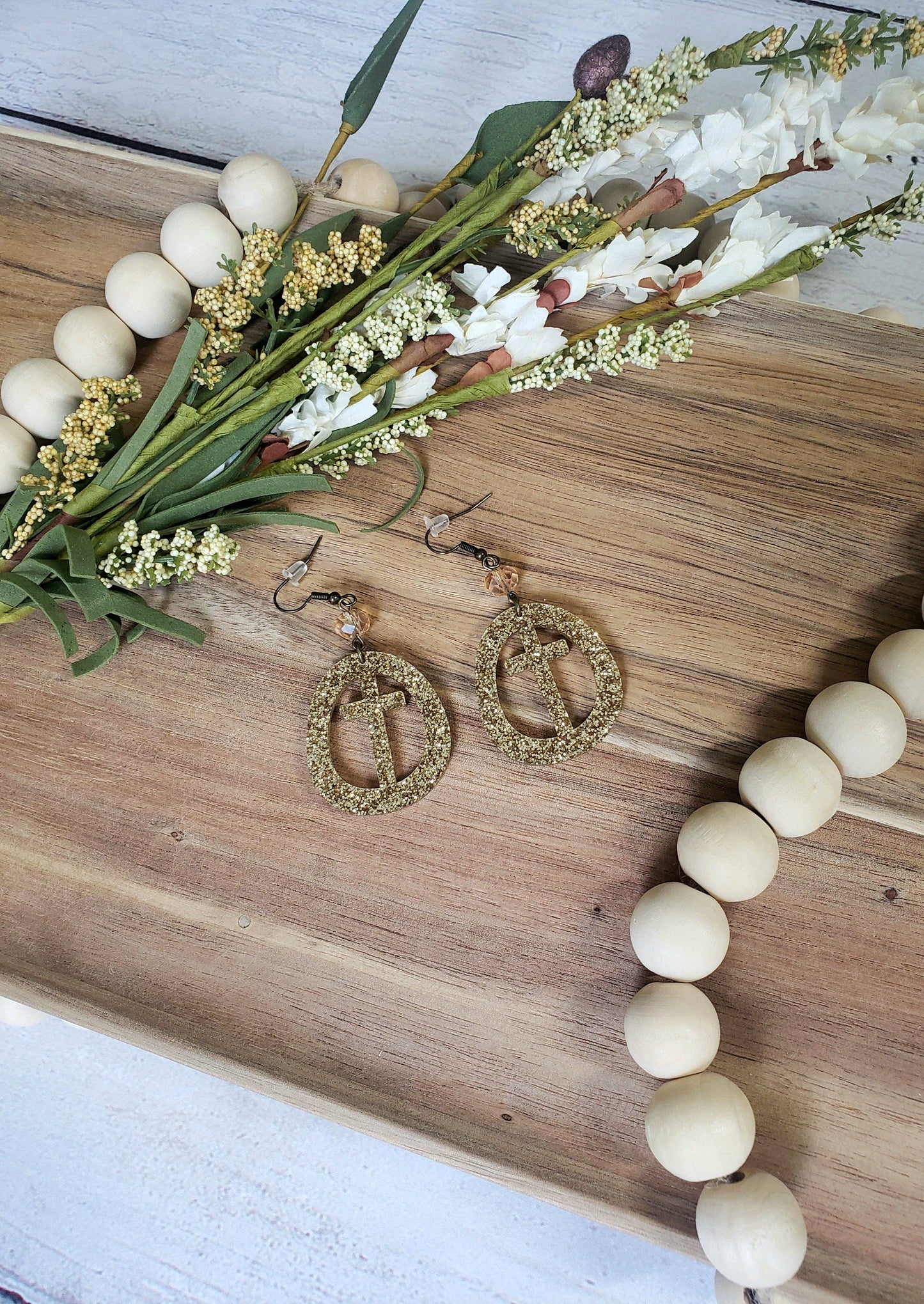 Gold Glitter Circle Cross Earrings