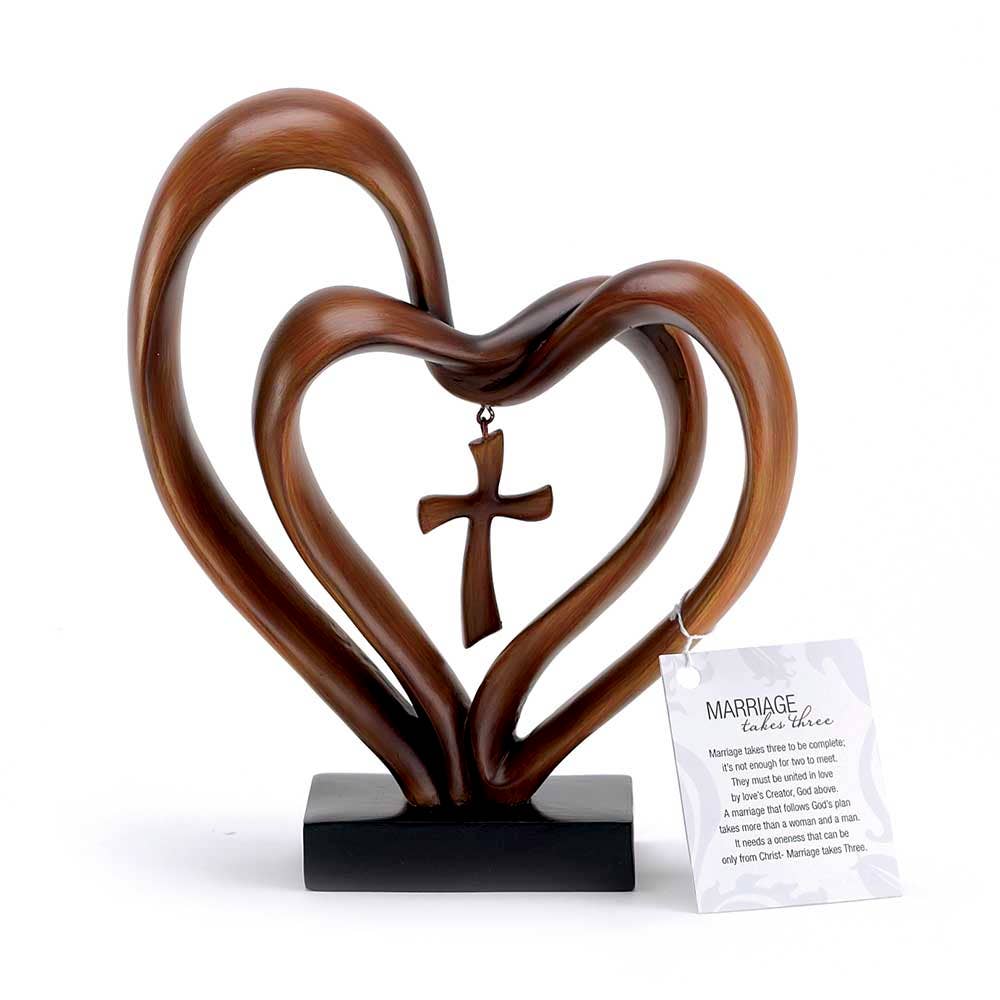 Brown Tabletop Double Heart With Cross Brown