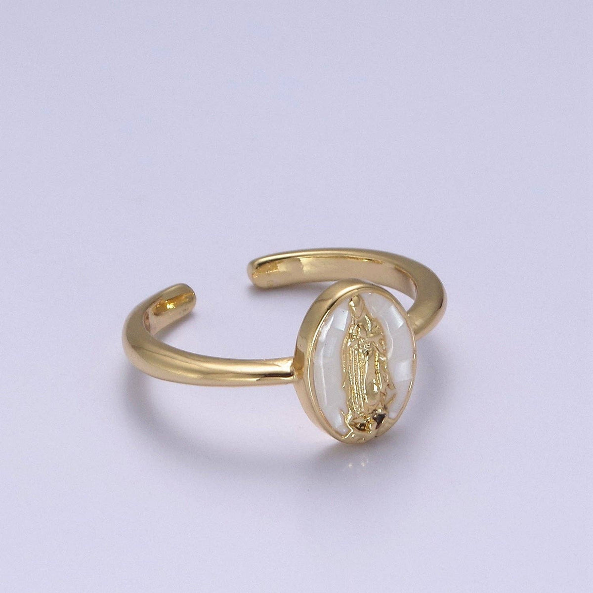 Gold Filled Oval Virgin Mother Mary Shell Opal Ring