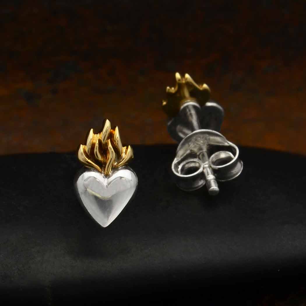 Heart Post Earrings with Bronze Flame 9x5mm