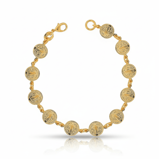 Gold-Plated St Benedict Coins Bracelet 7.5-inch