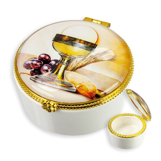 Porcelain Rosary Box with Communion Chalice Glass