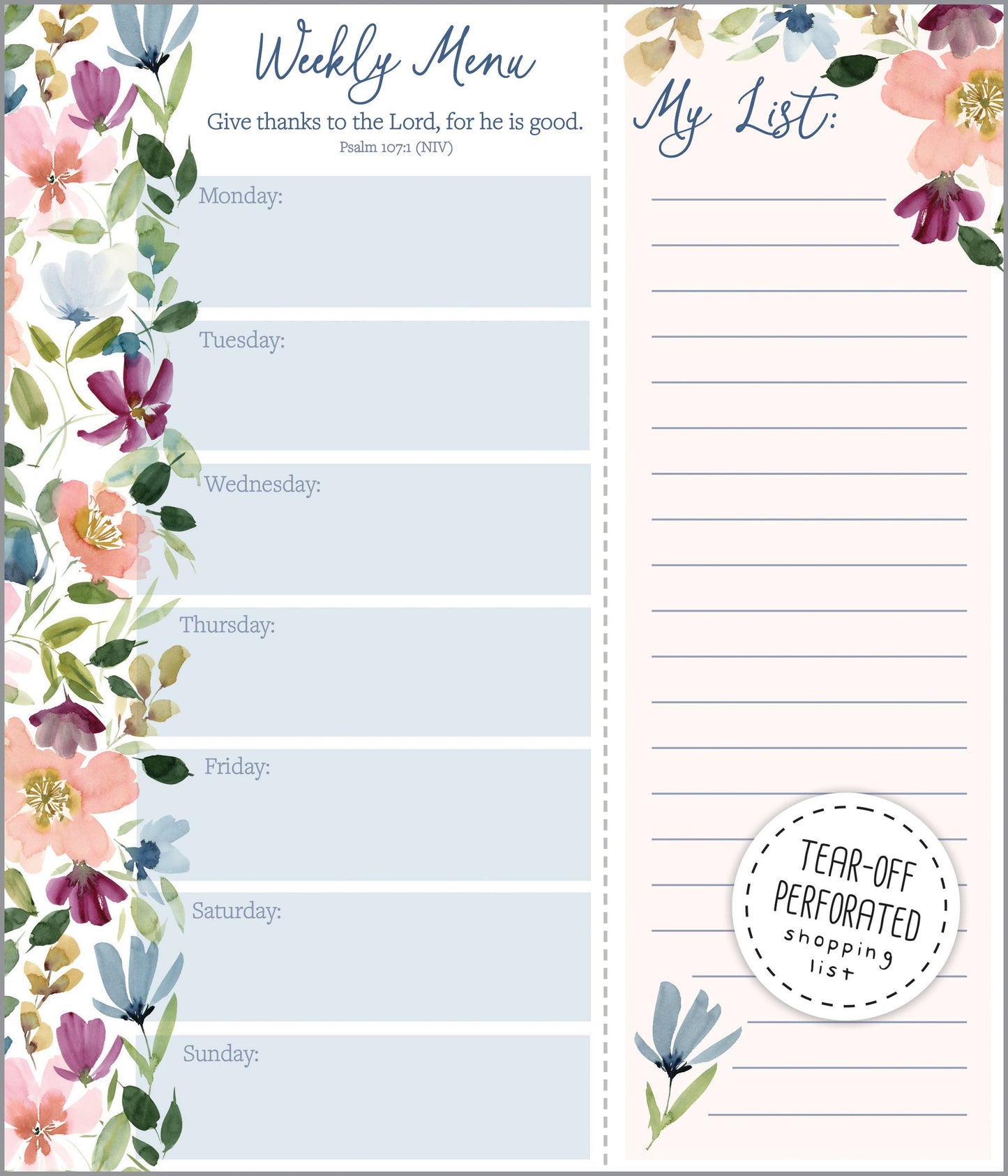 Meal Planner Pad - Faithful Flowers - with scripture