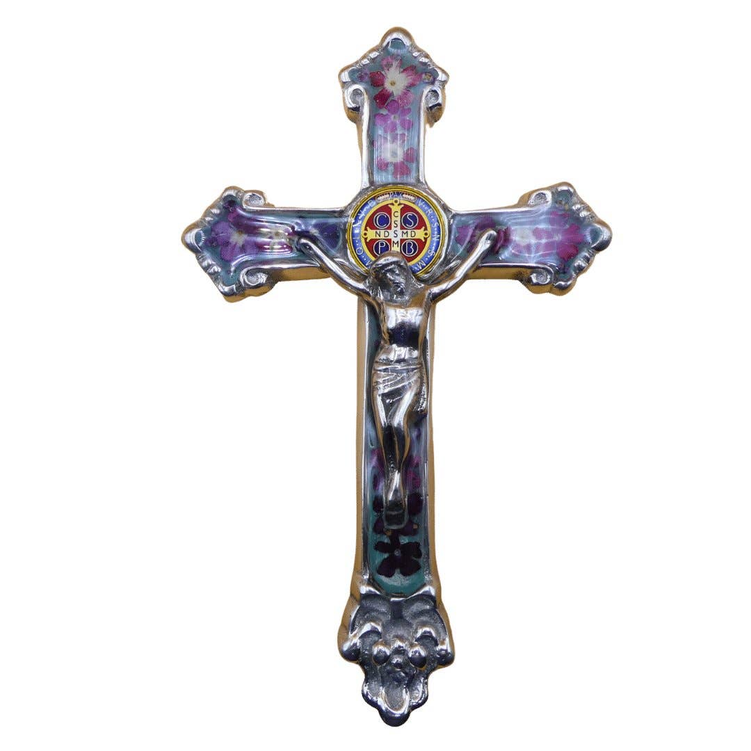Baroque Wall Small Crucifix w/ Pressed Flowers & St. Benedict Medal 7.5"