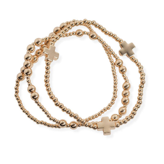 Cross accent multi layered ball beaded stretch bracelet