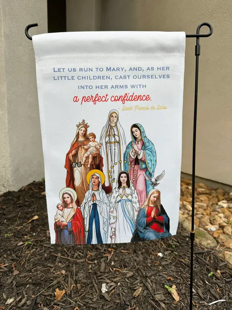 Catholic Garden flags. Marian garden. Sacred heart flag.