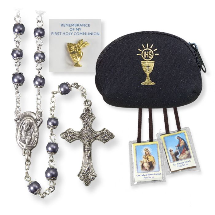 5mm Black Boxwood Rosary Boys First Communion Set