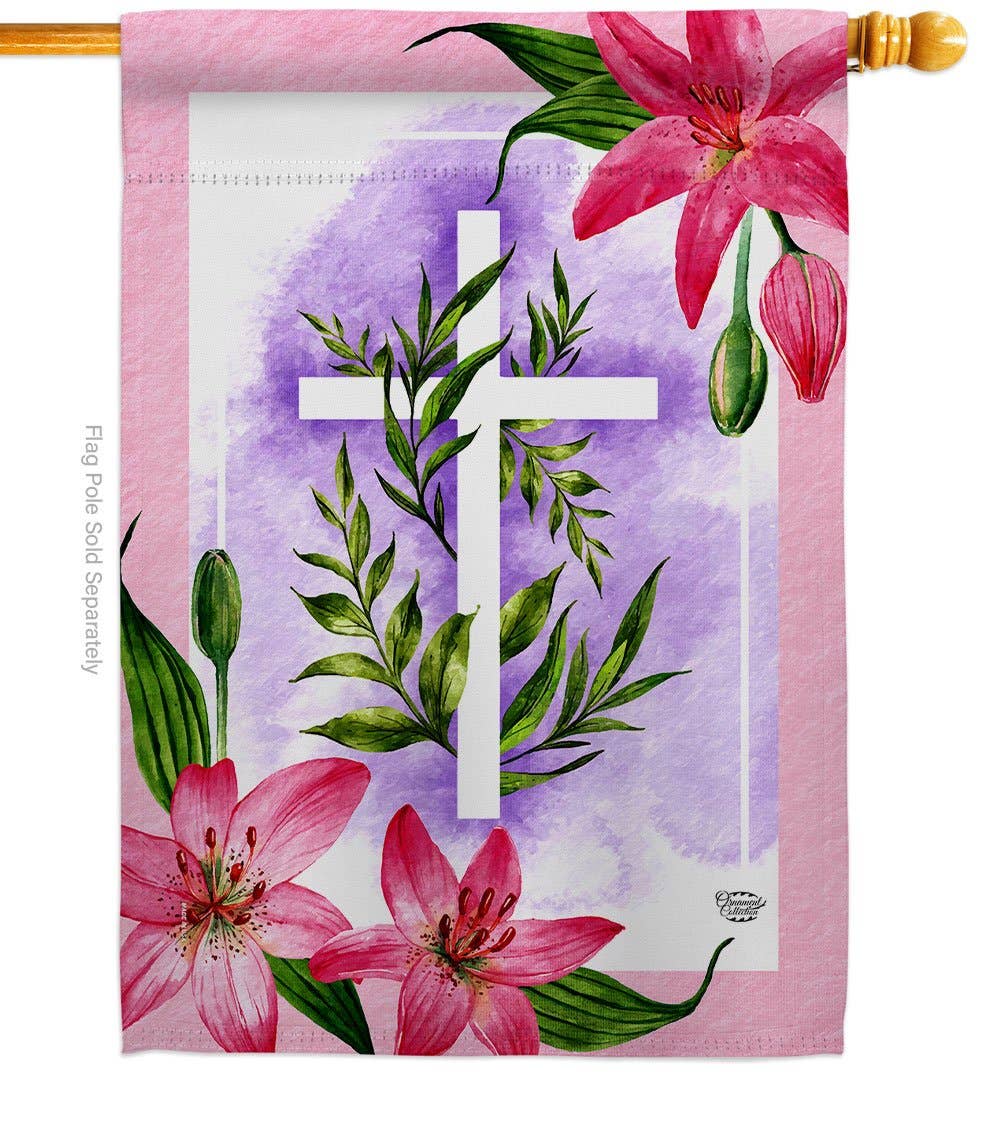 Lilies Cross Religious Faith Floral Decor Flag
